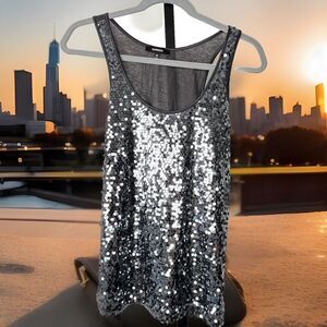 Express Tank Top Sequin Black Stretchy Lightweight Retro 80s‎ Glam XS